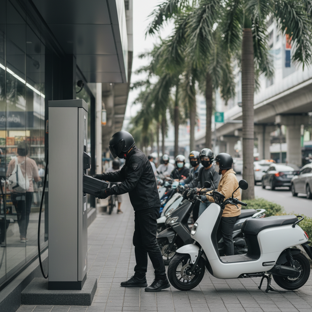 ข่าวดีชาว 2 ล้อ! ส่องแผน 'จุดสลับแบตฯ' ในปั๊ม-ร้านสะดวกซื้อ ที่เตรียมปูพรมทั่วไทยปี 2026 - battery-swapping-station-expansion-thailand-2026