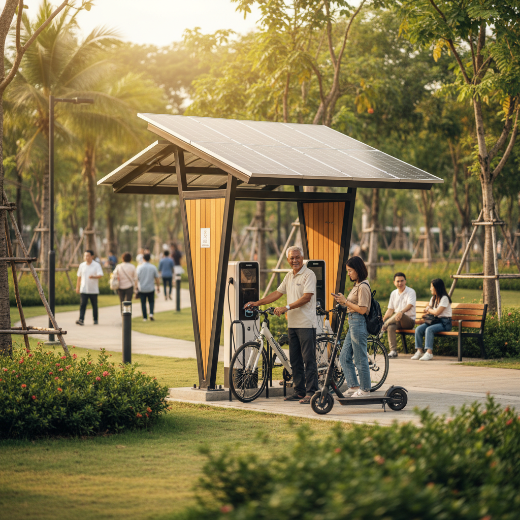 เทรนด์ 2026: ผุดจุดชาร์จ E-Bike โซลาร์เซลล์ตามชุมชน - ebike-solar-charging-trend