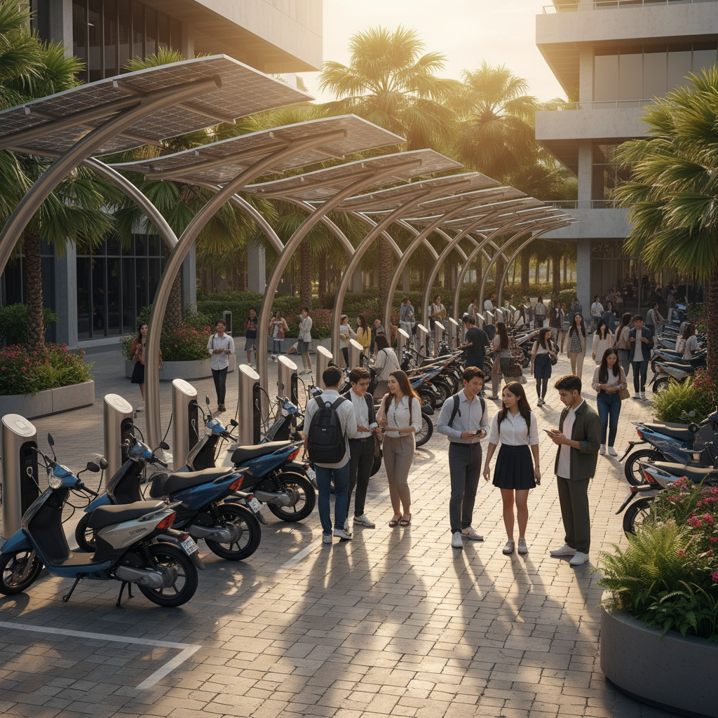 เทรนด์ EV ล่าสุด 2026: ลานจอด E-Bike ชาร์จโซลาร์เซลล์ - ev-ebike-solar-charging-trend