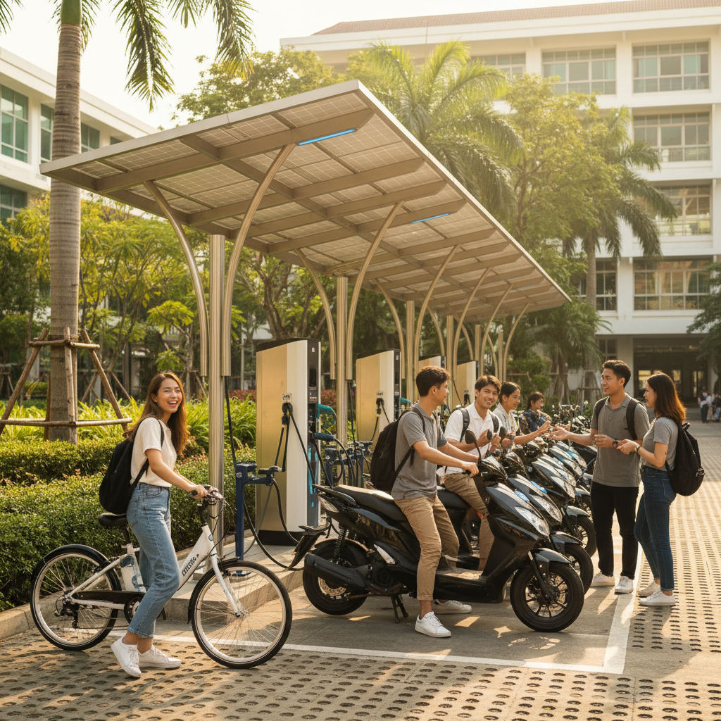 เทรนด์ EV 2026: สถานีชาร์จโซลาร์เซลล์ E-Bike เพื่อนักศึกษา - solar-charging-ebike-2026