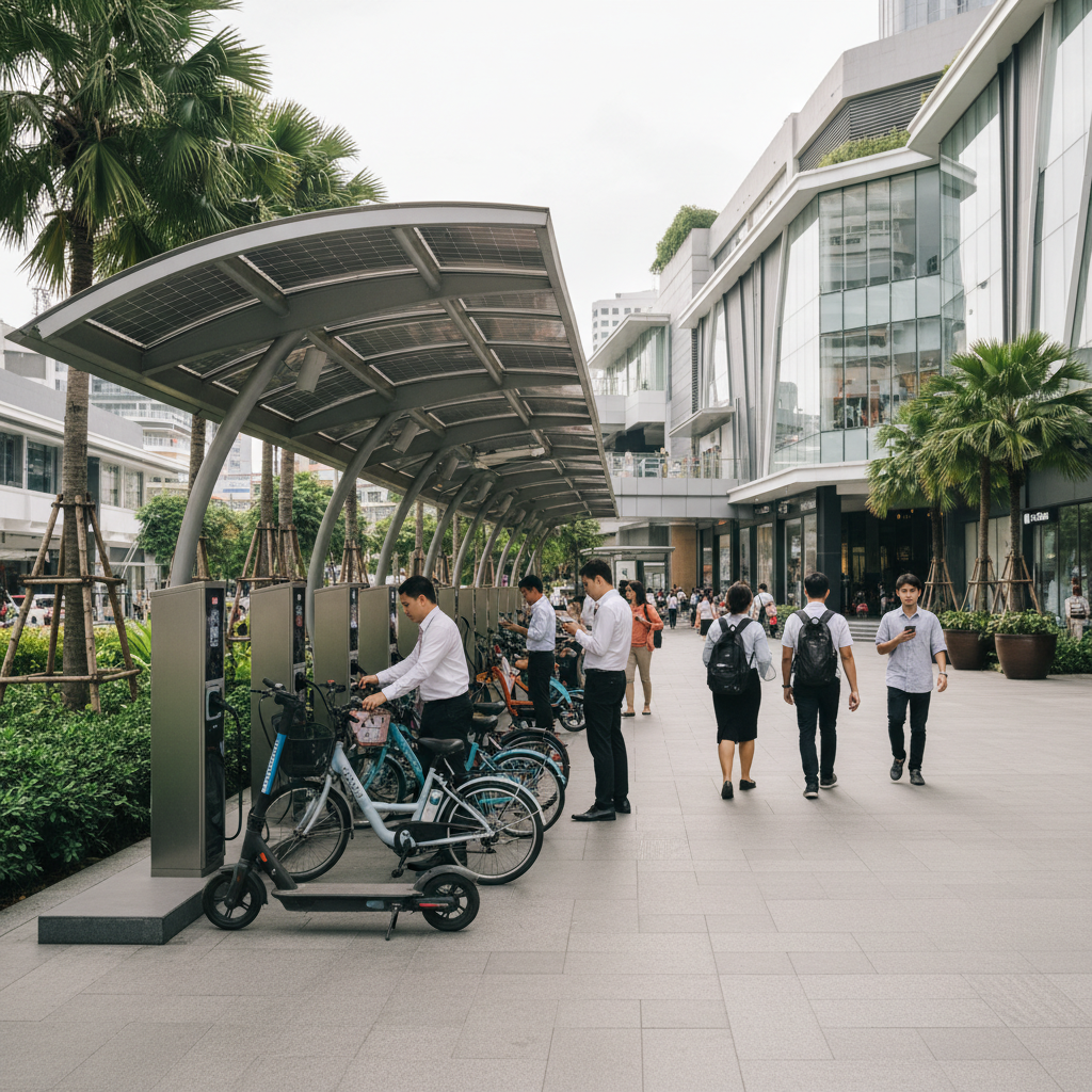 อนาคต EV ไทย 2026: จุดชาร์จ E-Bike พลังงานแสงอาทิตย์ - solar-charging-ebike-2026