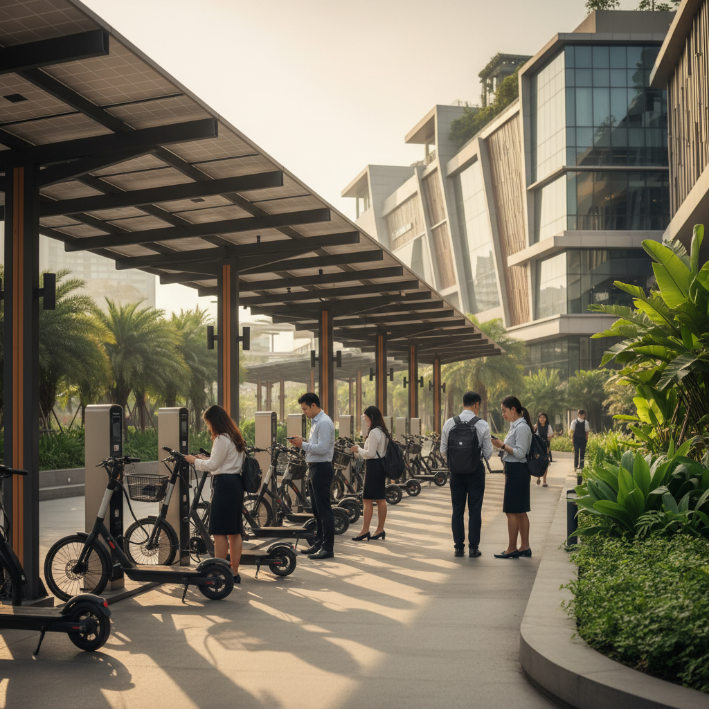 ส่องเทรนด์ปลายปี 2026: สถานีชาร์จ E-Bike พลังงานแสงอาทิตย์ - solar-ebike-charging-station-2026