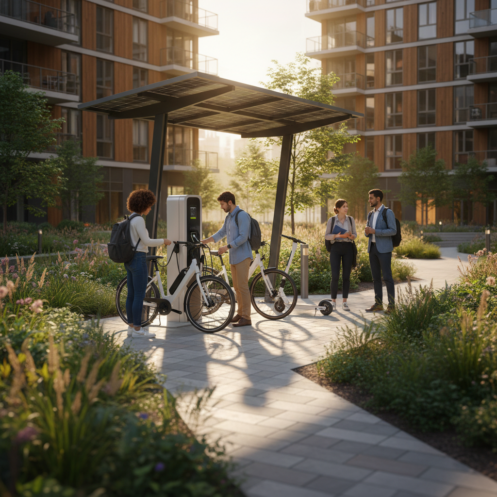 เจาะเทรนด์ 2026: คอนโดผุดสเตชั่นชาร์จ E-Bike โซลาร์เซลล์ - solar-ebike-charging-station-2026