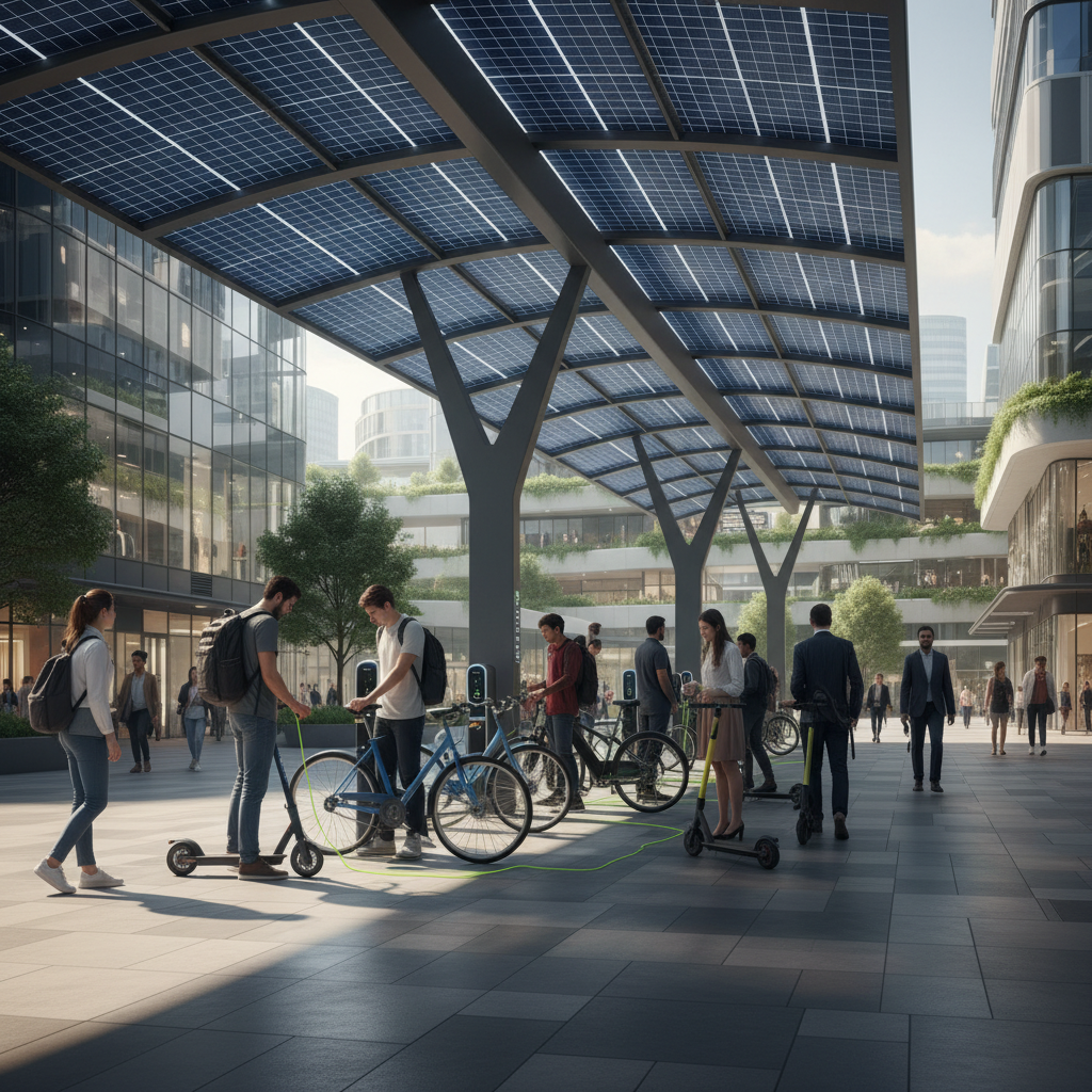 เทรนด์ EV 2026: สถานีชาร์จ E-Bike โซลาร์เซลล์เริ่มใช้จริง - solar-ev-charging-ebike-trend