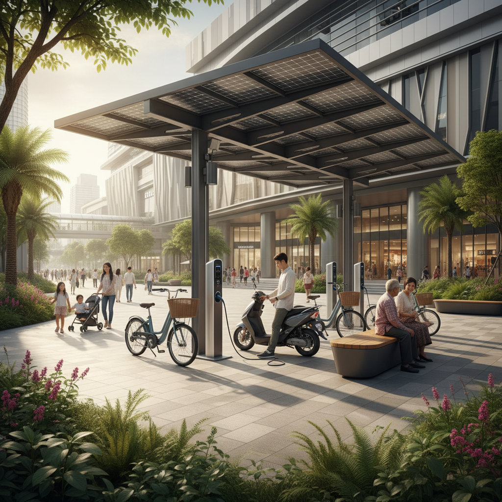 เทรนด์ 2026: จุดชาร์จ EV โซลาร์เซลล์ ชาร์จฟรีลดค่าไฟ - solar-ev-charging-station-2026