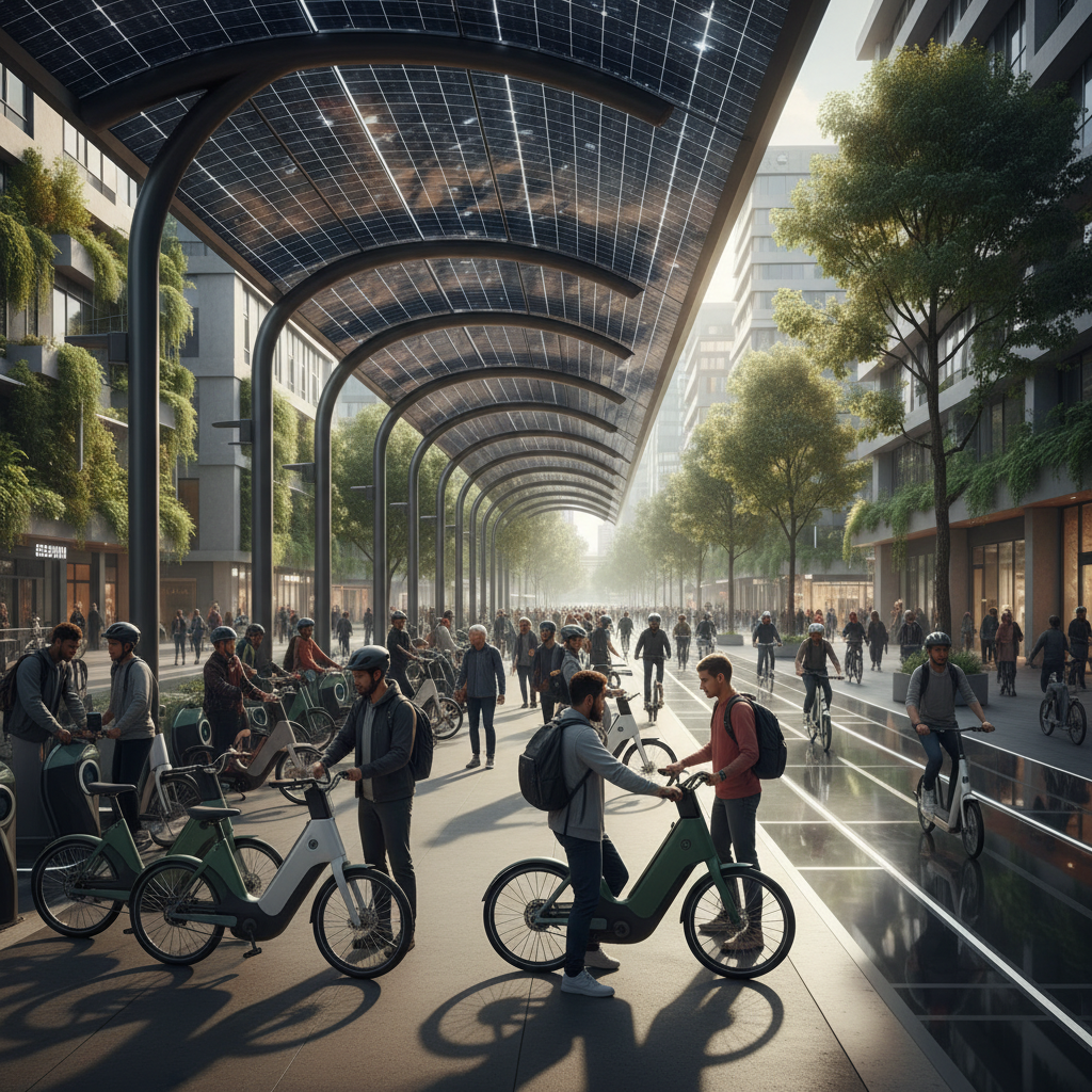 อนาคต EV 2026! ผุดสถานีชาร์จโซลาร์เซลล์ E-Bike ทั่วเมือง - solar-ev-charging-station-trend