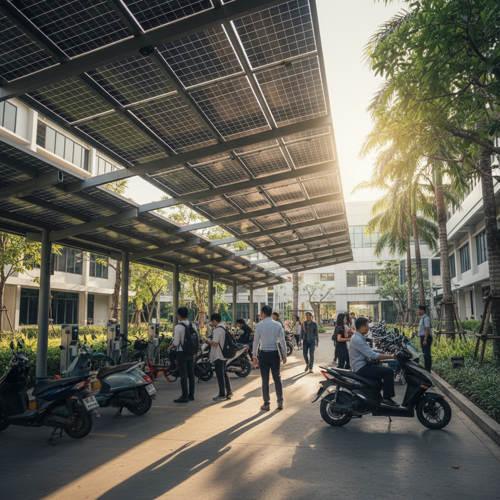 เทรนด์ 2026: ลานชาร์จ E-Bike โซลาร์เซลล์บูมในมหาลัย-ออฟฟิศ - solar-ev-charging-trend-2026