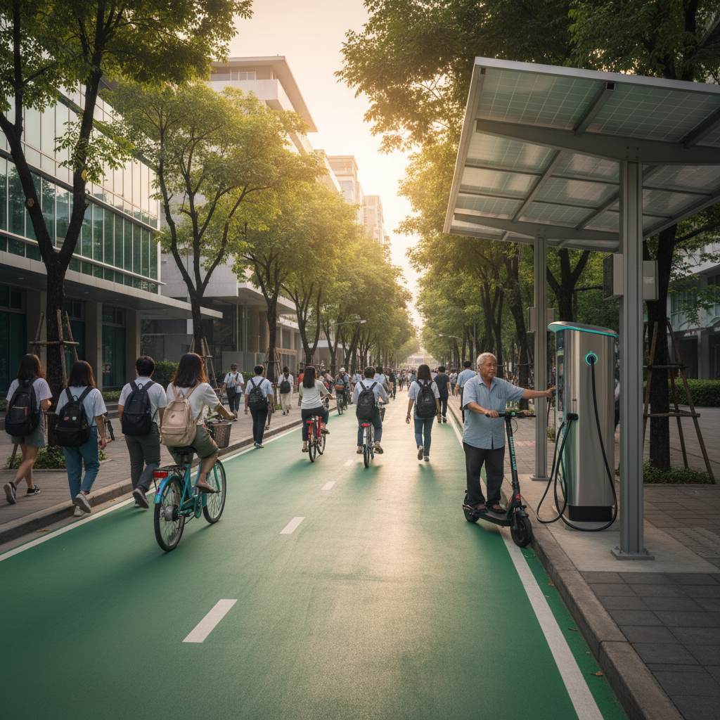 เทรนด์ EV 2026: ไทยเตรียมผุดเลน E-Bike และจุดชาร์จโซลาร์ - ebike-solar-charging-infrastructure