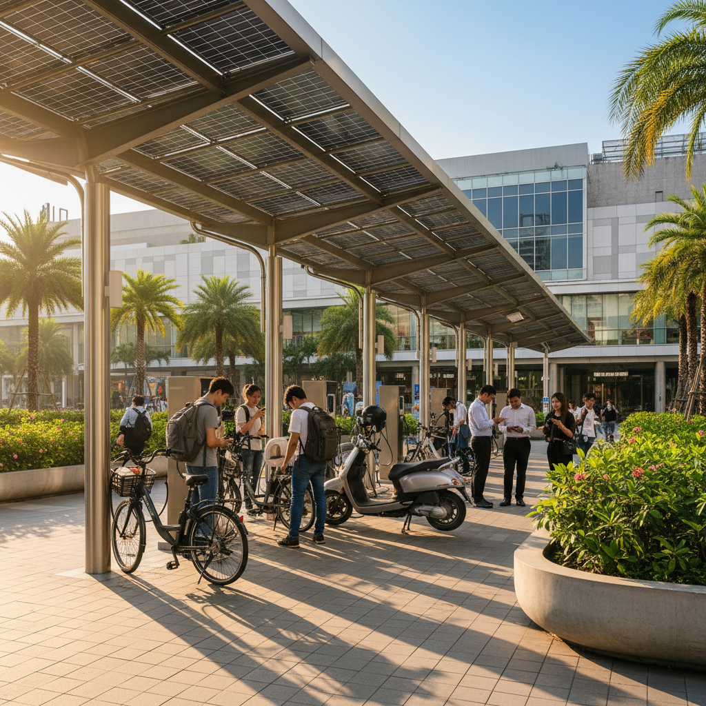 อัปเดต EV 2026: สถานีชาร์จโซลาร์เซลล์ หนุน E-Bike เต็มสูบ - solar-charging-ebike-ev-trend