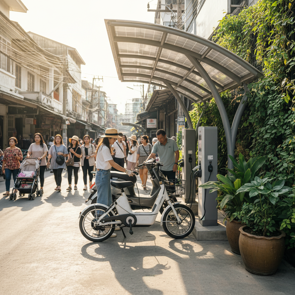 อนาคต EV 2026: ผุดสถานีชาร์จ E-Bike พลังแสงอาทิตย์ - solar-charging-ebike-future