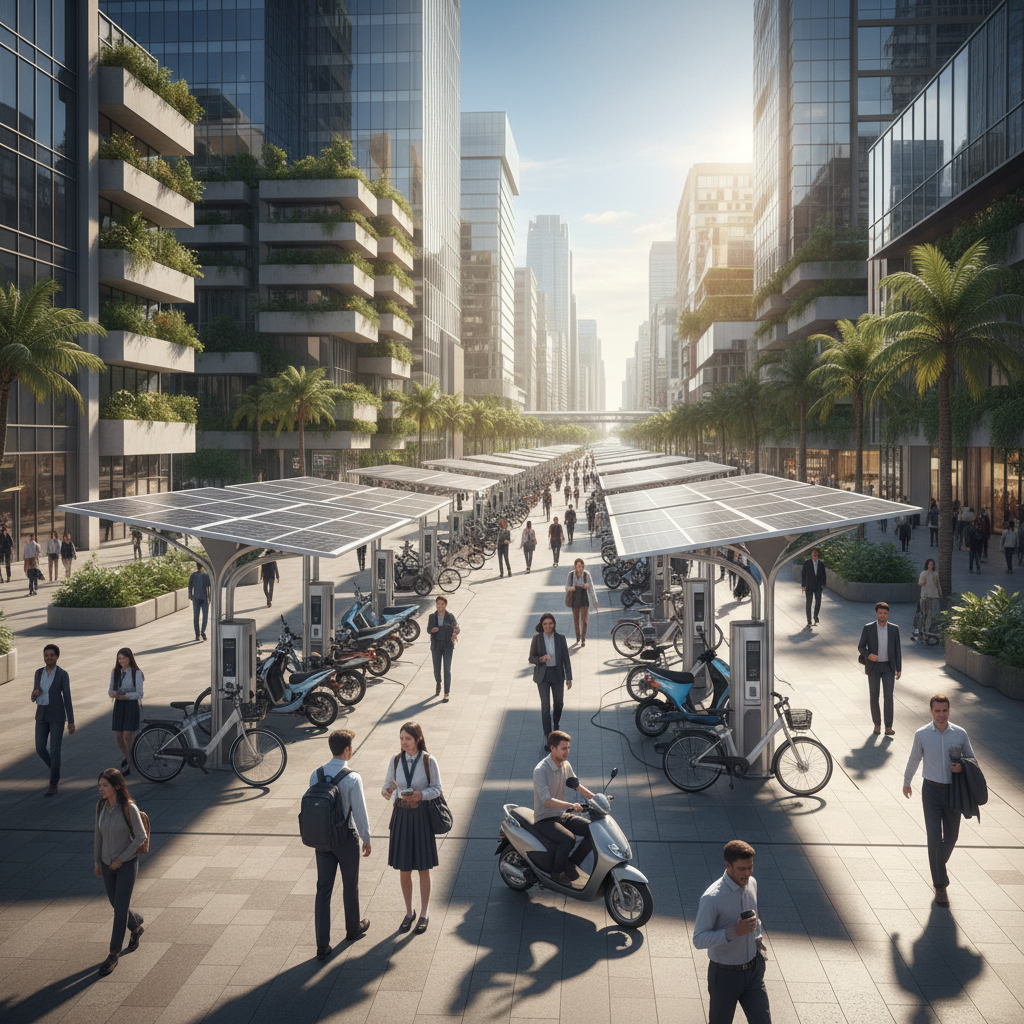 เทรนด์ EV 2026: จุดชาร์จโซลาร์เซลล์ E-Bike ทั่วเมือง - solar-charging-ebike-trend-2026