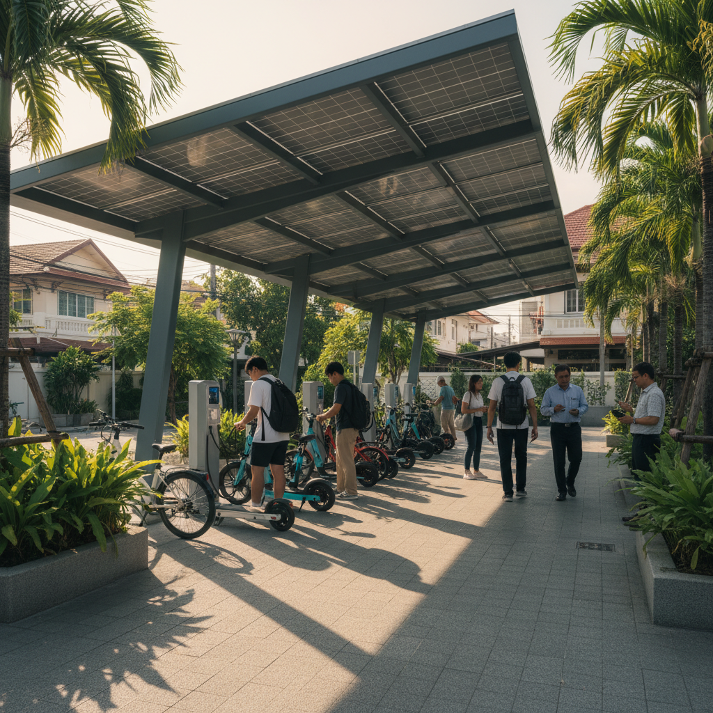 นโยบาย EV 2026: จับตาจุดชาร์จโซลาร์เซลล์เพื่อ E-Bike ชุมชน - solar-charging-hub-ebike-scooter