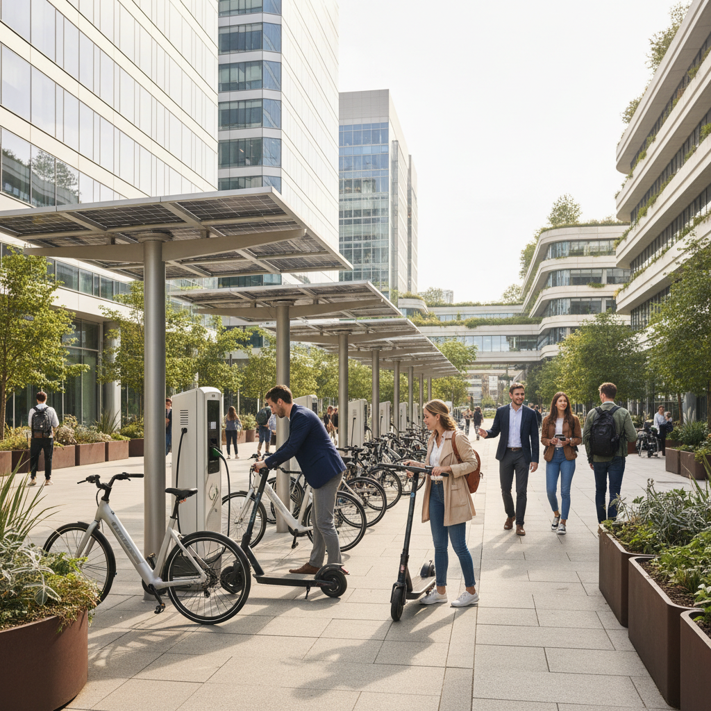 เทรนด์ 2026: จุดชาร์จ E-Bike โซลาร์เซลล์ เอาใจวัยทำงาน - solar-ebike-charging-trend