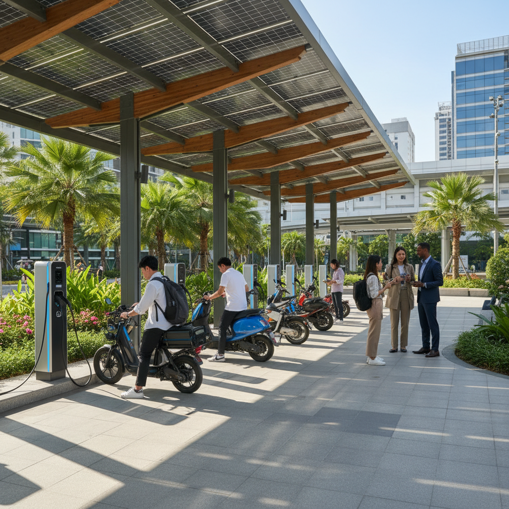 เทรนด์ 2026: สถานีชาร์จ EV โซลาร์เซลล์ ลดค่าไฟ E-Bike - solar-ev-charging-ebike-trend