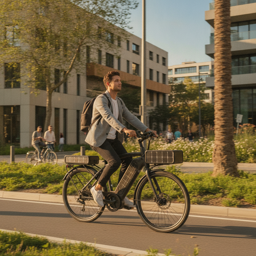เทรนด์ EV 2027: E-Bike โซลาร์เซลล์ ชาร์จไฟเองขณะขับ - ebike-solar-panel-charging-trend