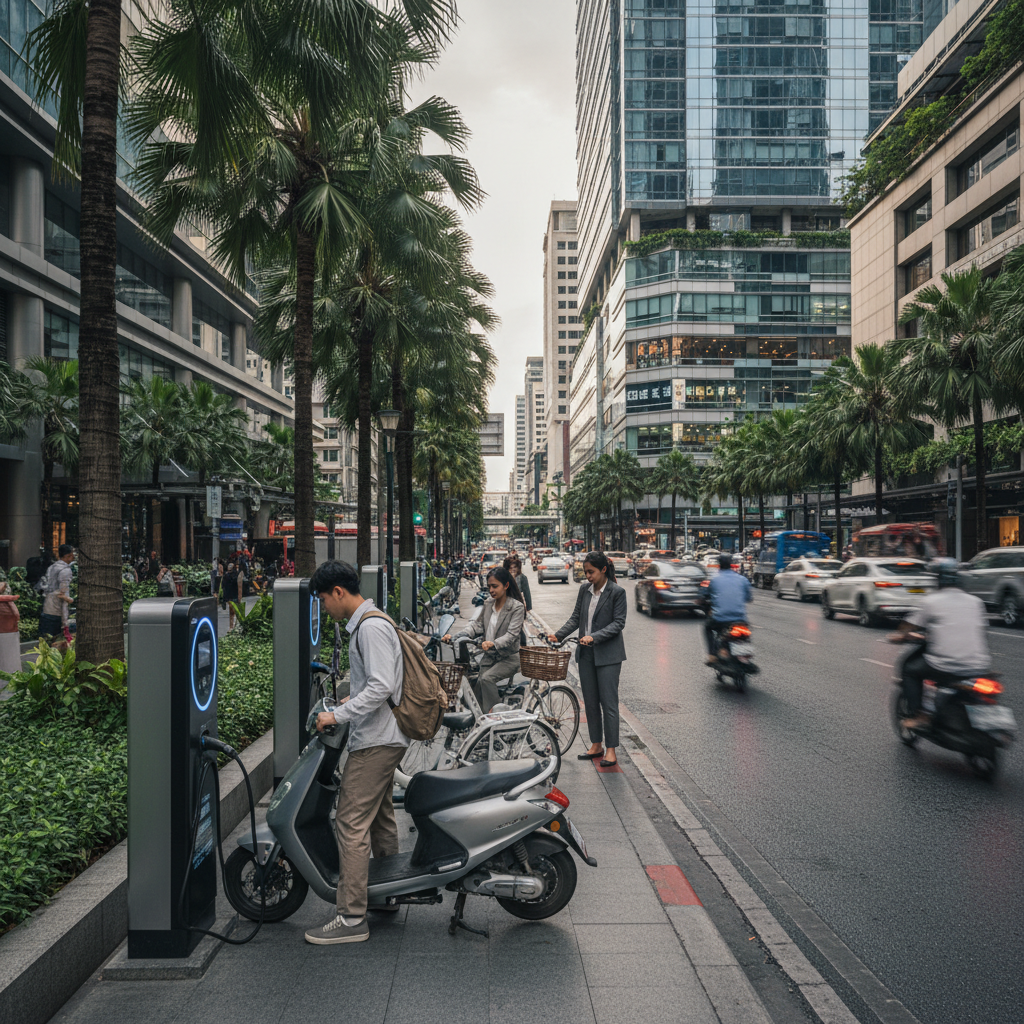 จุดชาร์จ EV ผุดทั่วไทย! ดันสกู๊ตเตอร์ไฟฟ้าฮิตรับปี 2027 - ev-charging-station-scooter-trend
