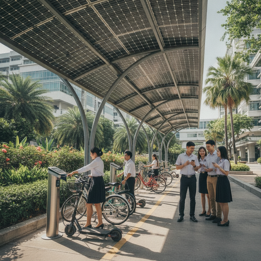 จับตาเทรนด์ 2027: สถานีชาร์จ E-Bike พลังงานแสงอาทิตย์ - solar-charging-ebike-trend