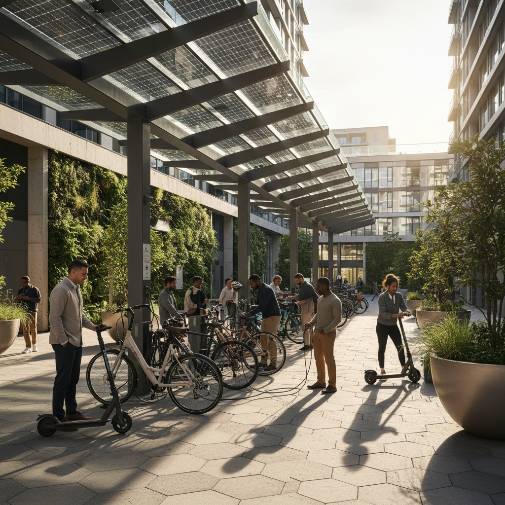 เทรนด์อนาคต 2027! โซลาร์เซลล์พลิกโฉมจุดชาร์จ E-Bike - solar-charging-ebike-trend