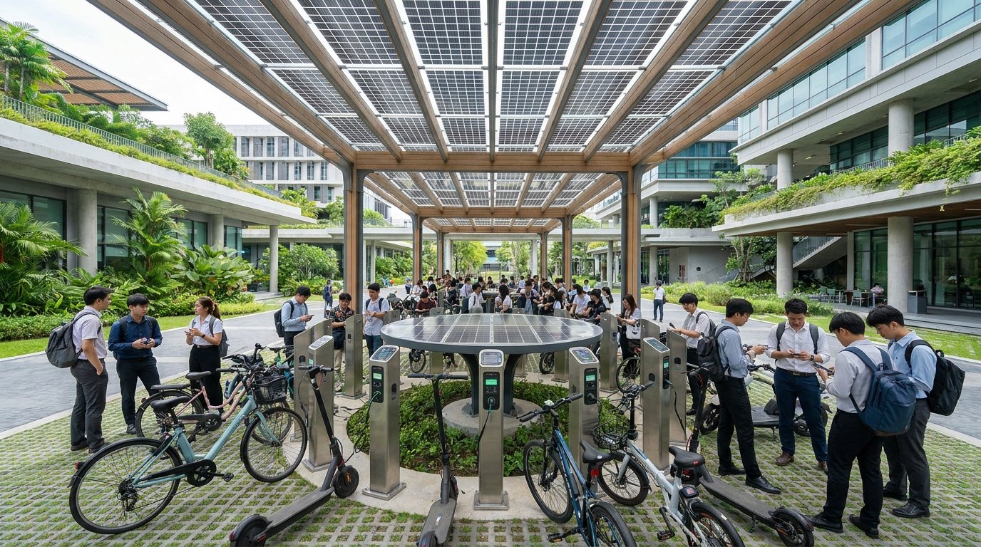เทรนด์ EV 2027: ลานจอดชาร์จ E-Bike พลังแสงอาทิตย์