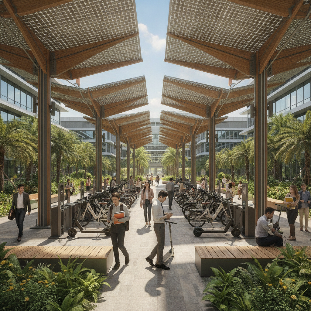 เทรนด์ EV 2027: ลานจอดชาร์จ E-Bike พลังแสงอาทิตย์ - solar-charging-hub-ebike-trend