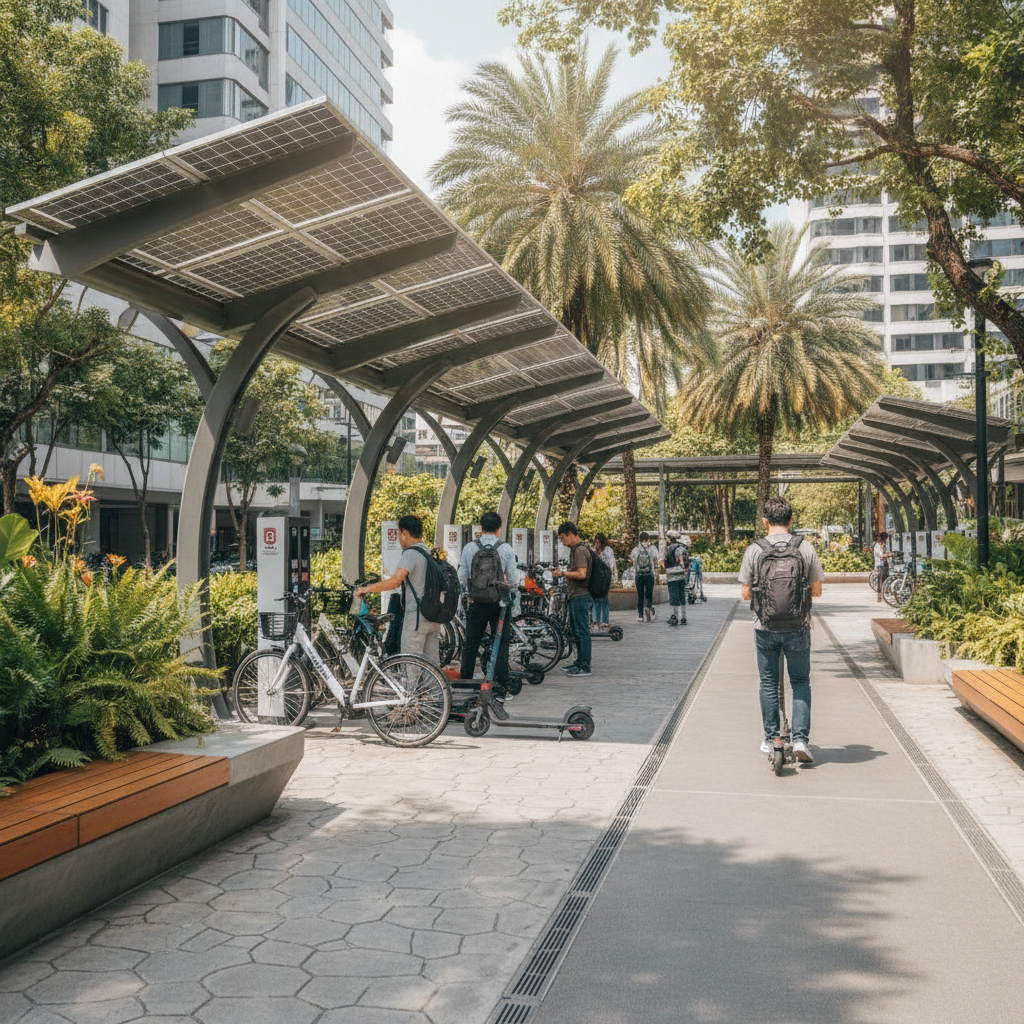 เทรนด์ 2027: จุดชาร์จ E-Bike โซลาร์เซลล์ ชาร์จฟรีทั่วเมือง - solar-charging-station-ebike-trend