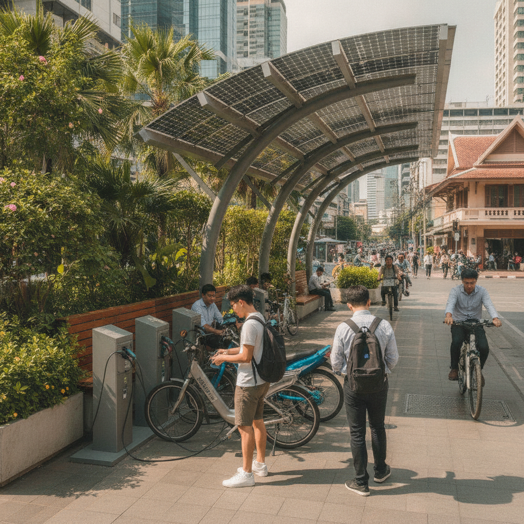 เทรนด์อนาคต 2027! สถานีชาร์จ E-Bike โซลาร์เซลล์ทั่วกรุง - solar-ebike-charging-trend-2027