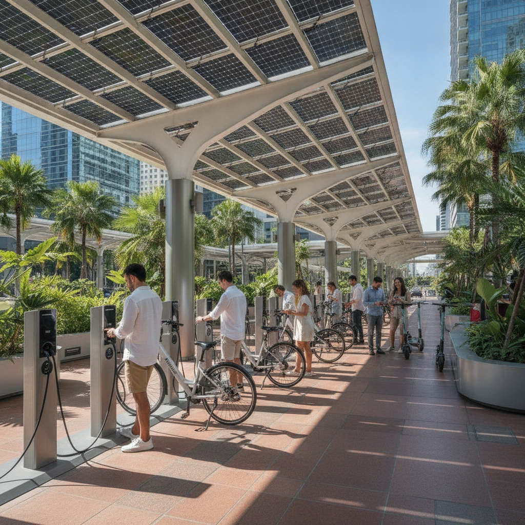 เทรนด์ EV 2027: สถานีชาร์จโซลาร์เซลล์ E-Bike ฟรีทั่วไทย - solar-ev-charging-station-trend