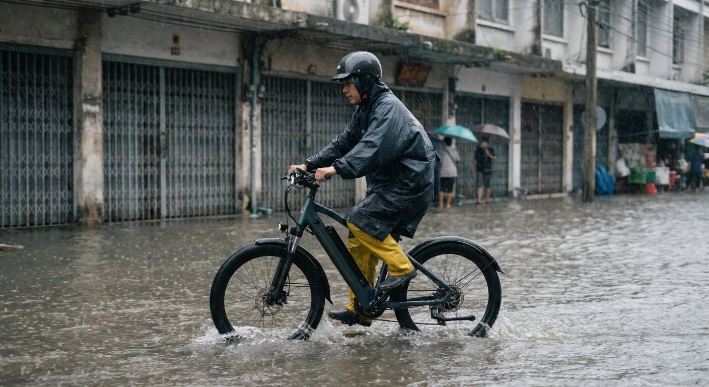 e-Bike ลุยน้ำท่วมได้ไหม? วิธีดูแลมอเตอร์ไม่ให้พังช่วงฝนตก