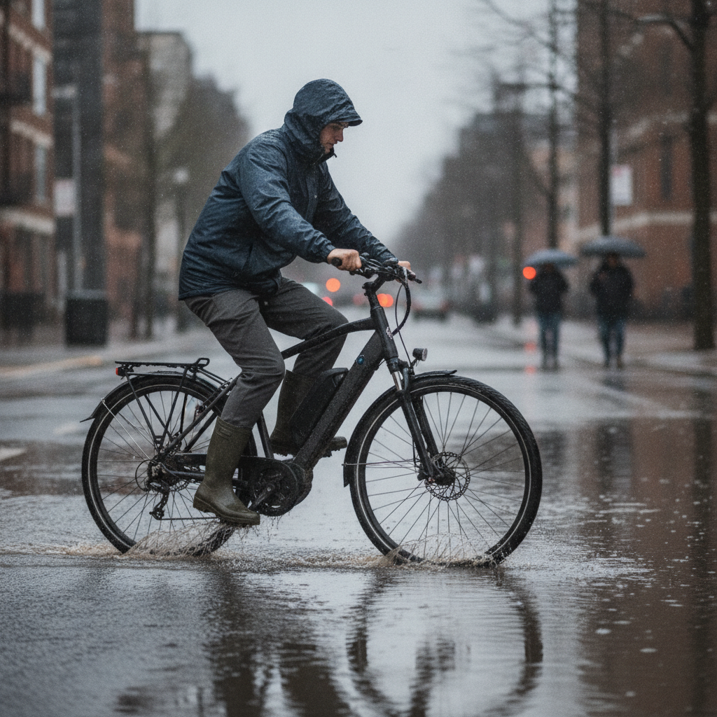 ขี่ e-Bike หน้าฝน ลุยน้ำท่วมได้ไหม? วิธีดูแลกันไฟช็อต - riding-ebike-in-rain-maintenance